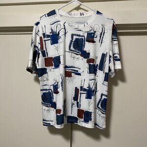 Shein, short sleeve white top w/navy & brown designs, size XL